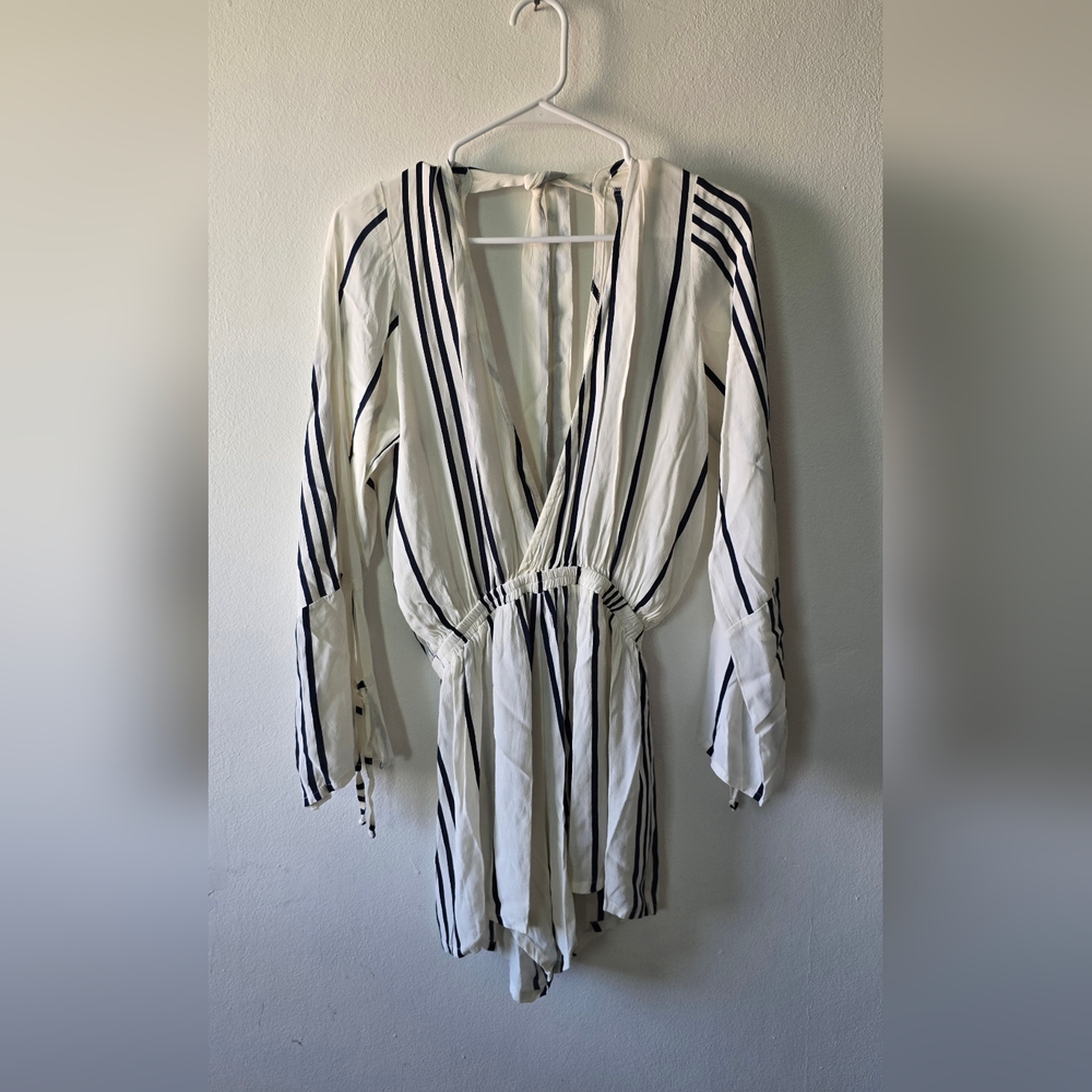 Faithfull the Brand White and Navy Striped Long Sleeve Romper